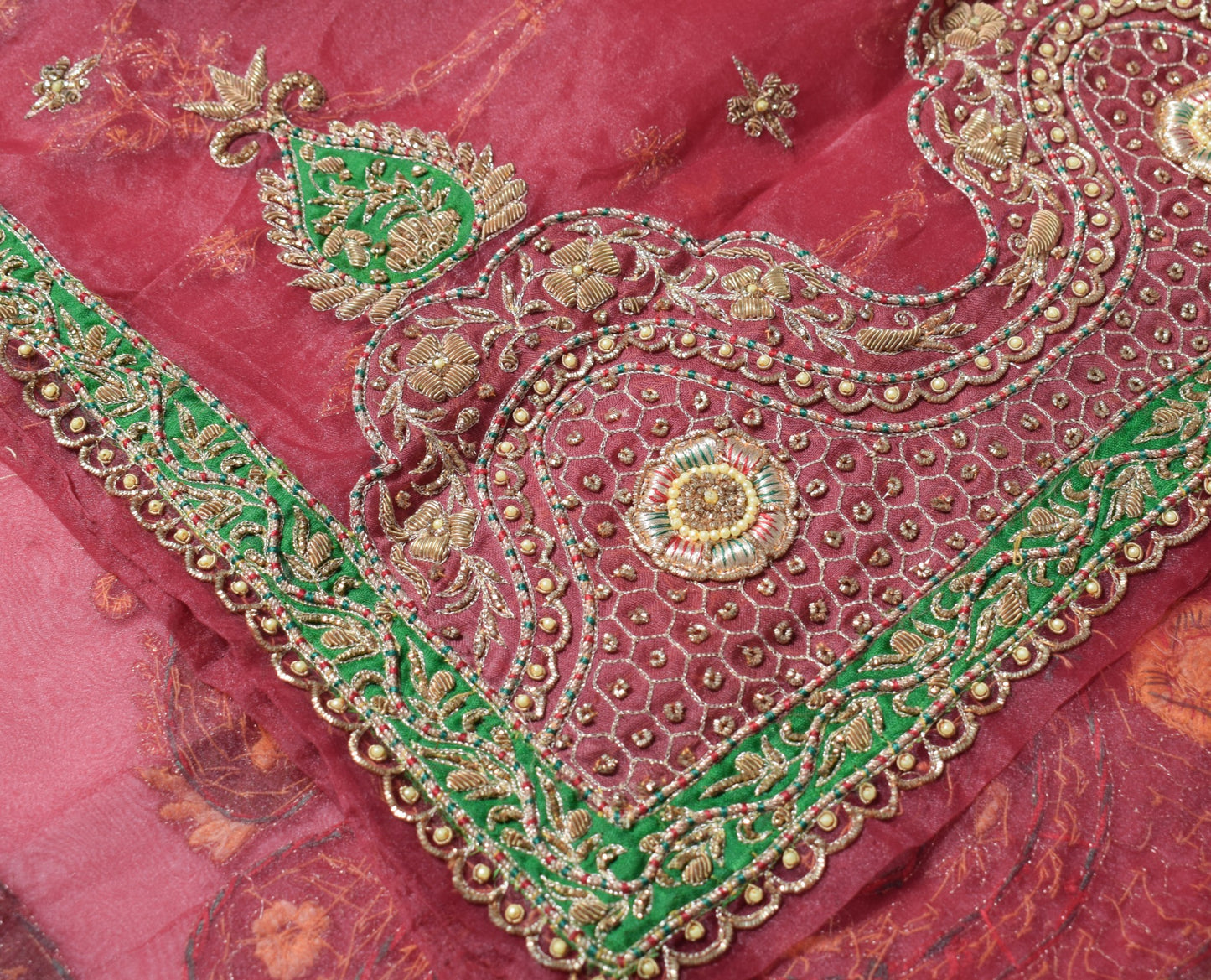 Sushila Vintage Art Organza Heavy Dupatta Hand Beaded Maroon Green Long Stole