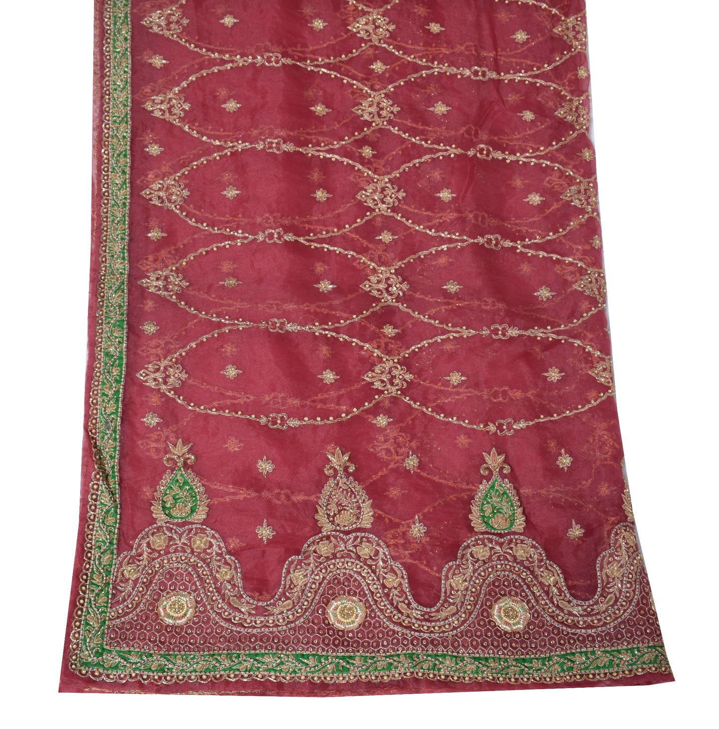Sushila Vintage Art Organza Heavy Dupatta Hand Beaded Maroon Green Long Stole
