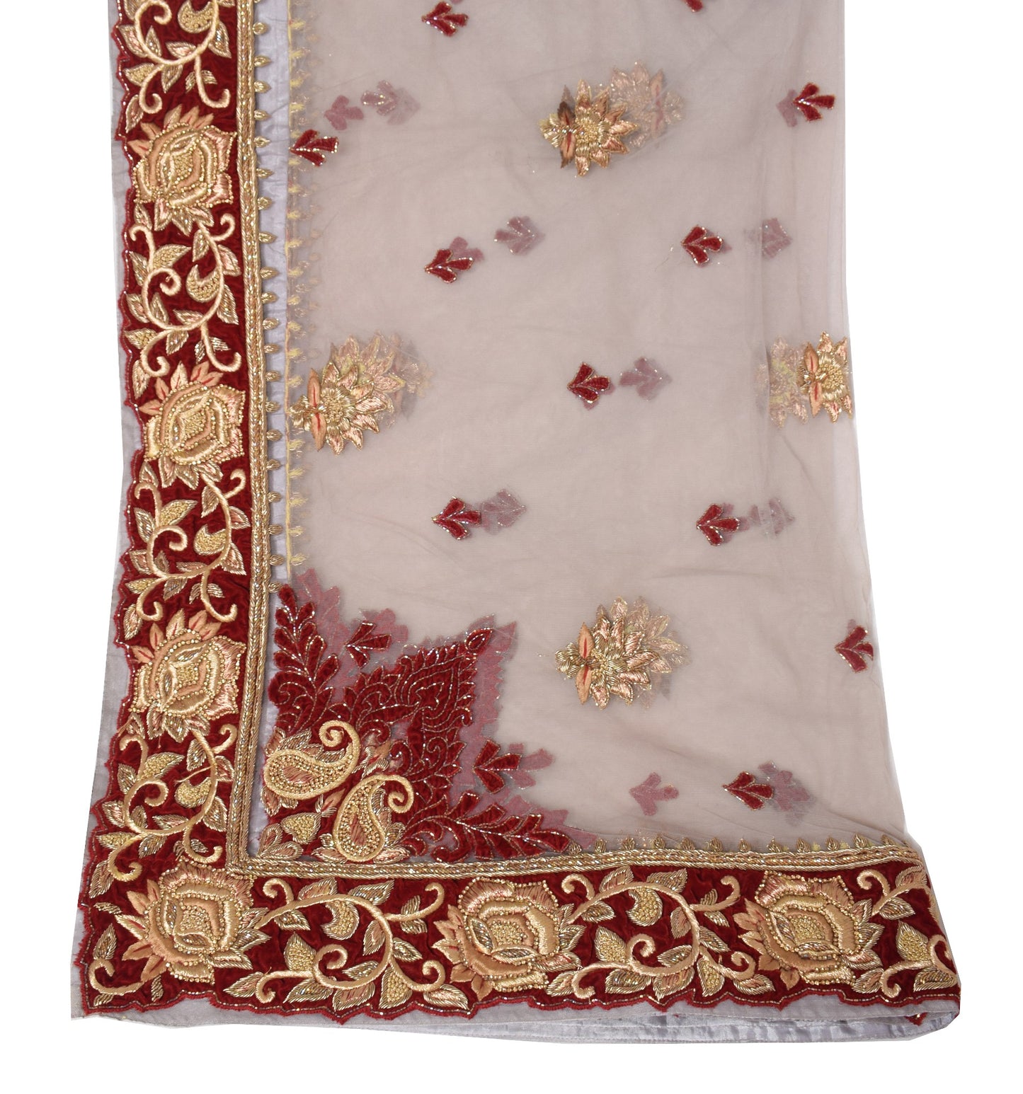 Sushila Vintage Gray Heavy Dupatta with Velvet Border Zardozi Net Long Stole