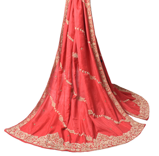 Sushila Vintage Pure Silk Heavy Dupatta Hand Beaded Zardozi Red Long Stole Wrap