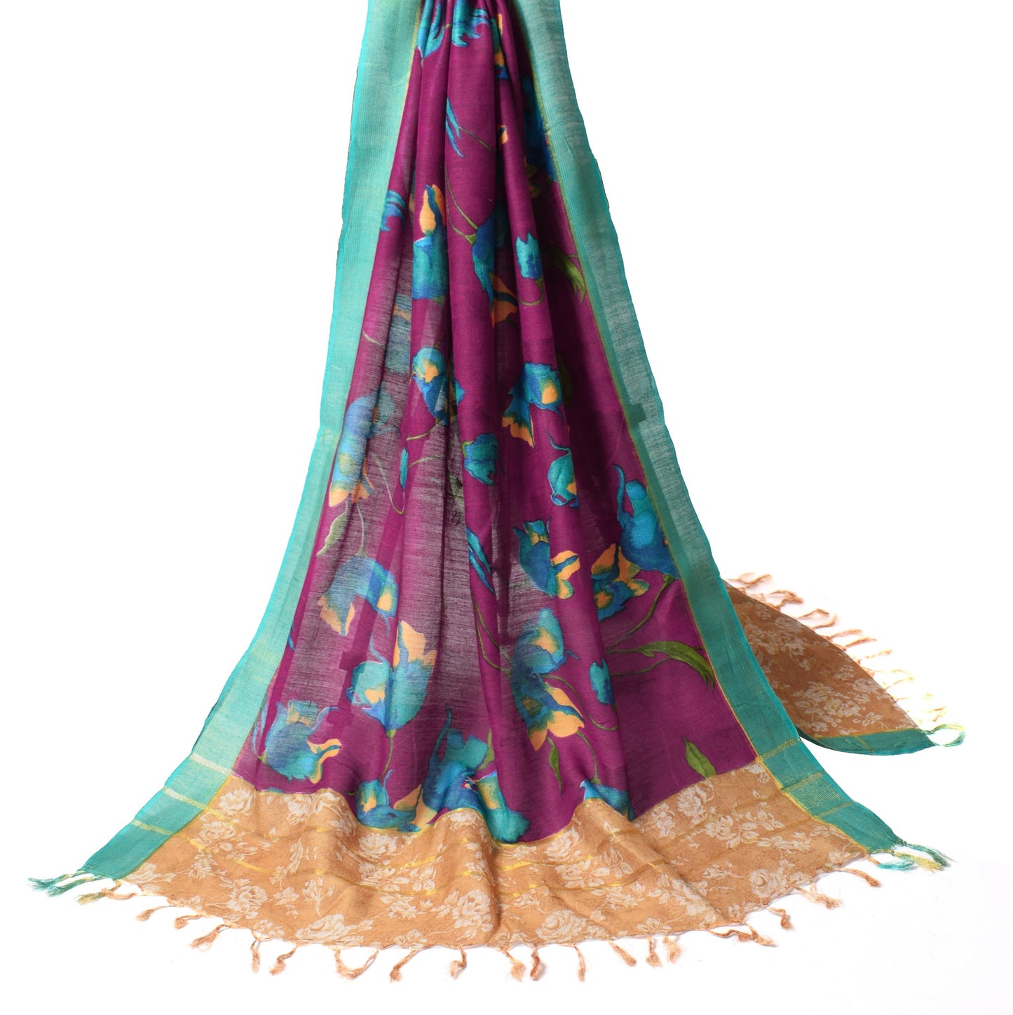 Sushila Vintage Purple Dupatta Floral Hand Printed Pure Silk Indian Long Stole