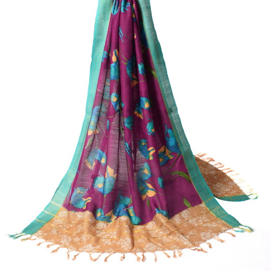 Sushila Vintage Purple Dupatta Floral Hand Printed Pure Silk Indian Long Stole