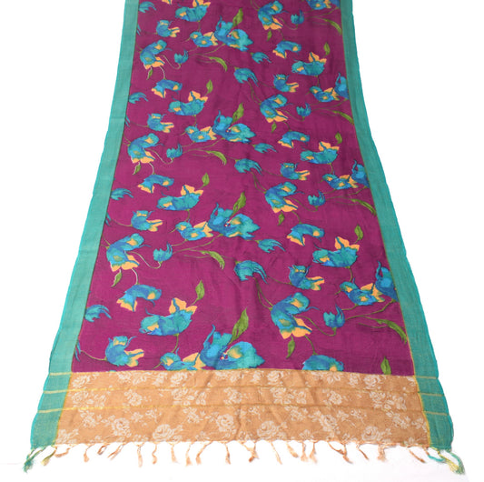 Sushila Vintage Purple Dupatta Floral Hand Printed Pure Silk Indian Long Stole