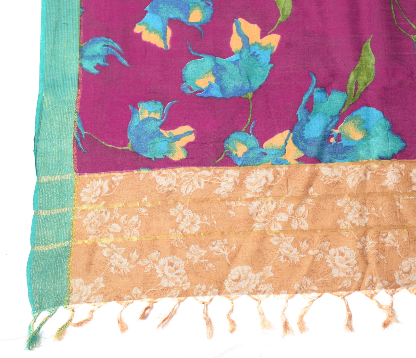 Sushila Vintage Purple Dupatta Floral Hand Printed Pure Silk Indian Long Stole