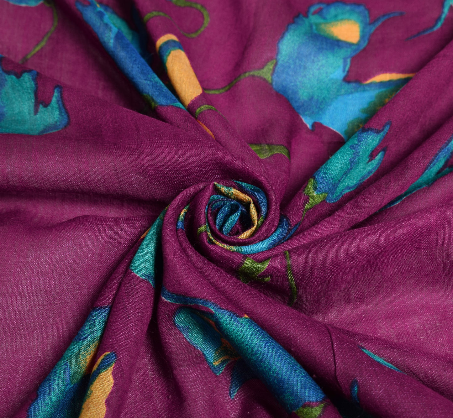 Sushila Vintage Purple Dupatta Floral Hand Printed Pure Silk Indian Long Stole
