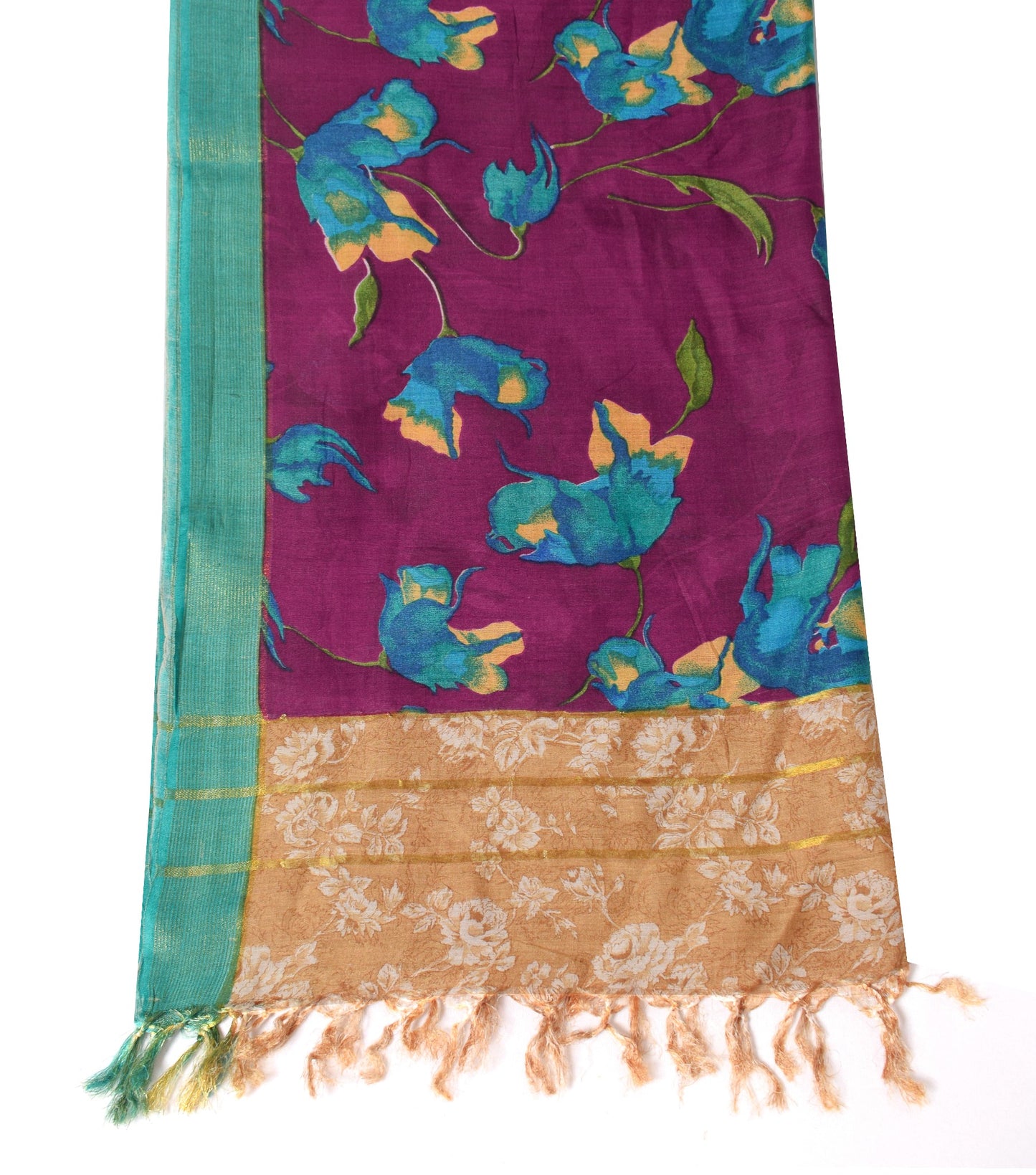 Sushila Vintage Purple Dupatta Floral Hand Printed Pure Silk Indian Long Stole