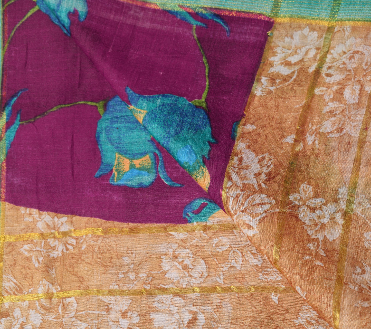 Sushila Vintage Purple Dupatta Floral Hand Printed Pure Silk Indian Long Stole