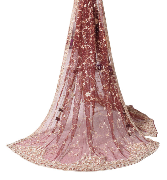 Sushila Vintage Zardozi Dupatta Maroon Net Mesh HEAVY Handmade Long Stole Wrap