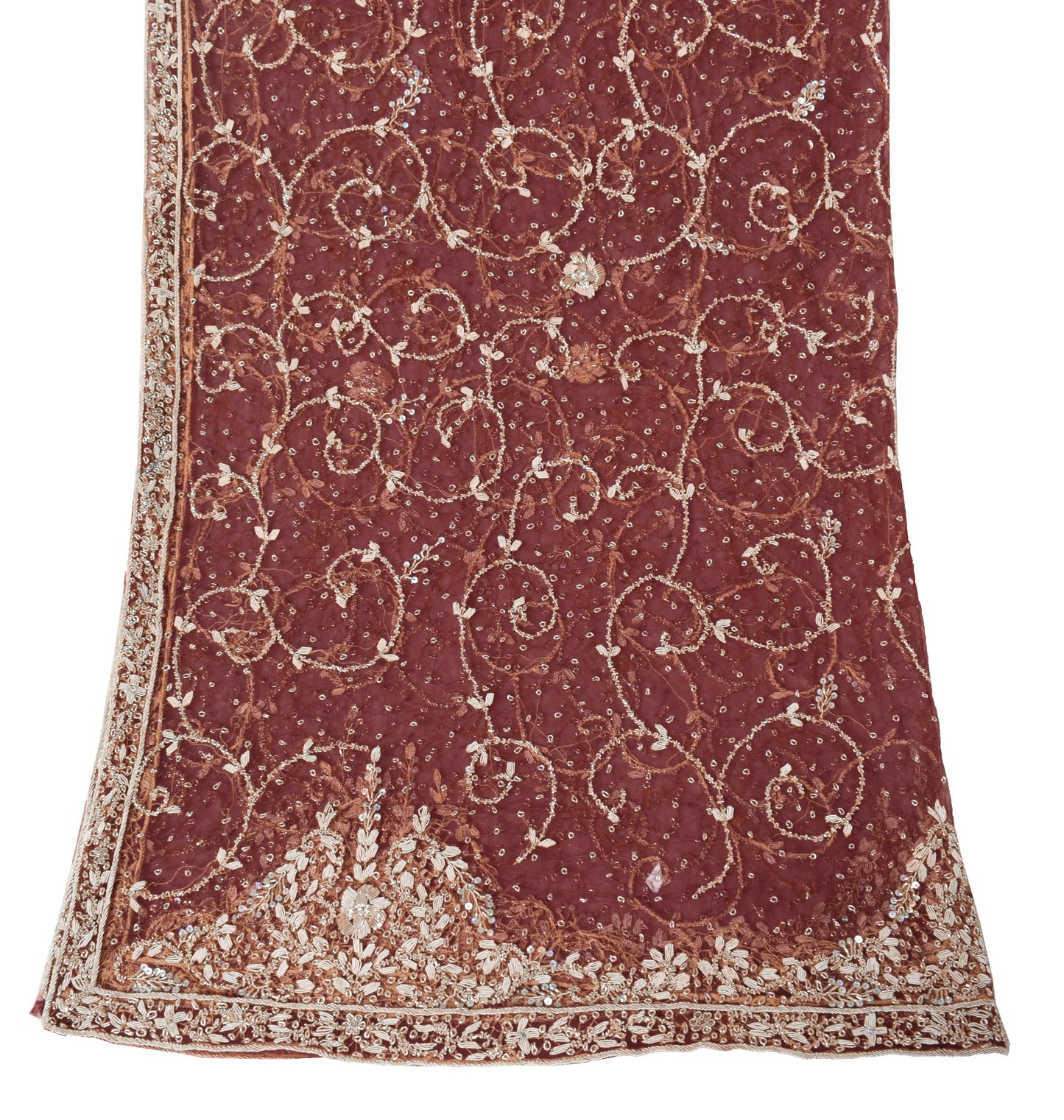 Sushila Vintage Zardozi Dupatta Maroon Net Mesh HEAVY Handmade Long Stole Wrap