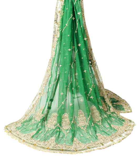 Sushila Vintage Green Heavy Dupatta Net Hand Beaded Zardozi Nikah Long Stole