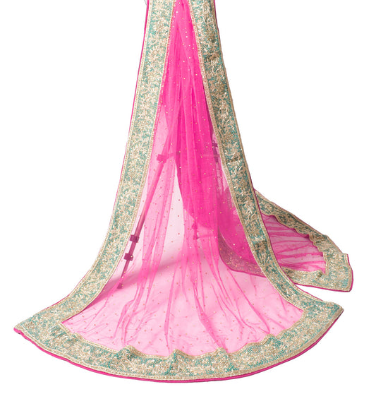 Sushila Vintage Pink Heavy Dupatta Contrast Green Zardozi Border Net Long Stole