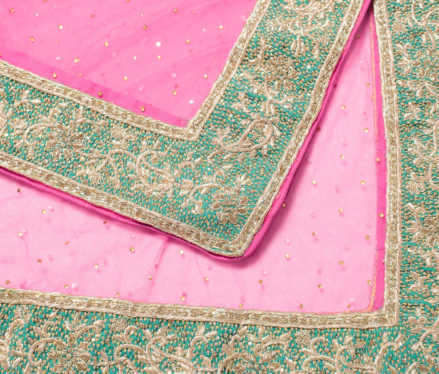 Sushila Vintage Pink Heavy Dupatta Contrast Green Zardozi Border Net Long Stole