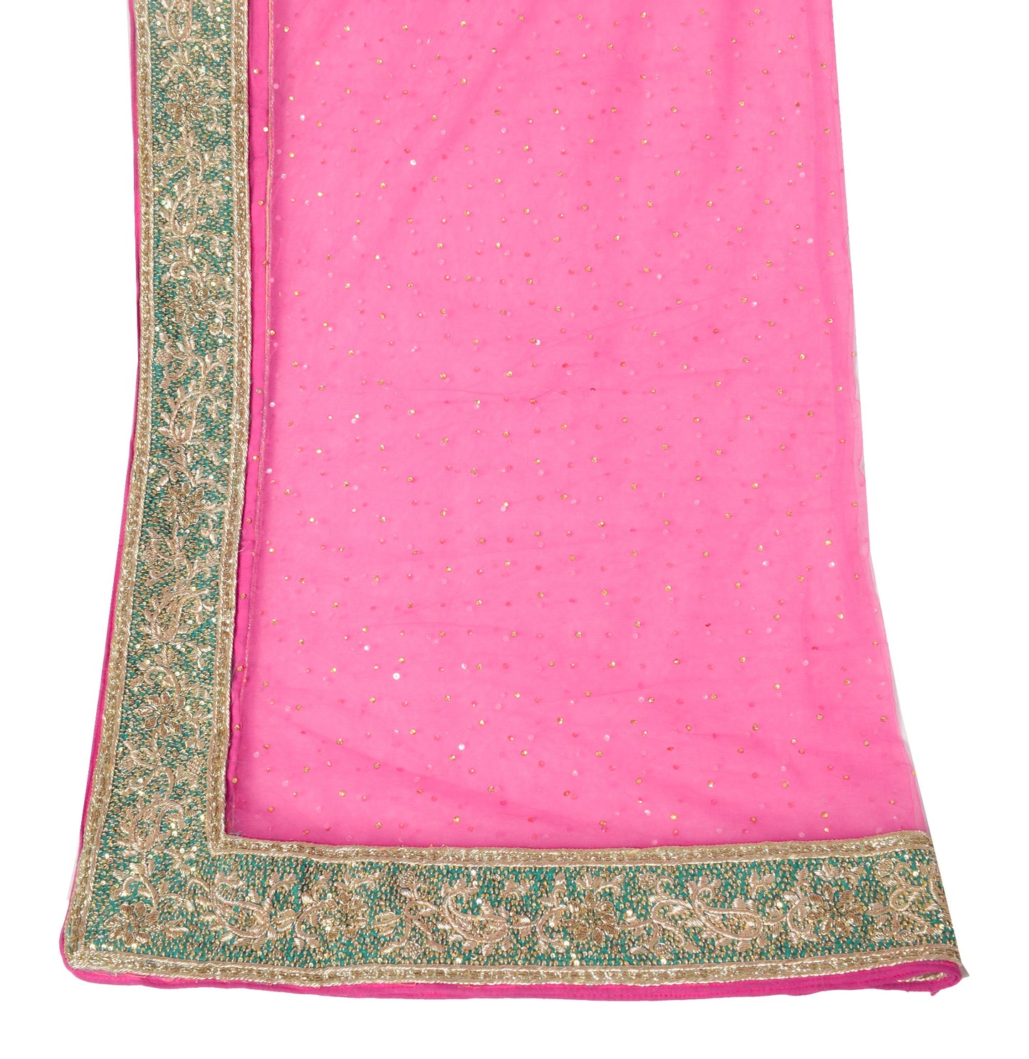 Sushila Vintage Pink Heavy Dupatta Contrast Green Zardozi Border Net Long Stole