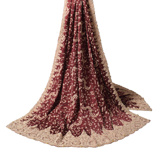 Sushila Vintage Maroon Heavy Dupatta Zardozi Work Cutwork Pure Satin Long Stole