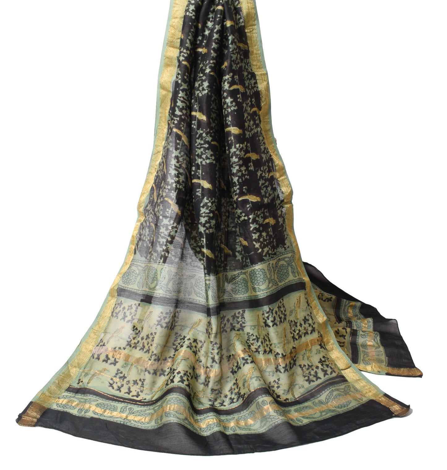 Sushila Vintage Pure Cotton Silk Dupatta Birds Hand Block Print Black Long Stole
