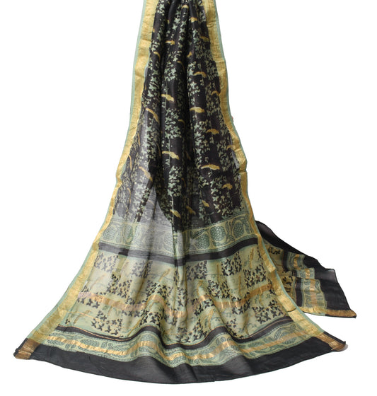 Sushila Vintage Pure Cotton Silk Dupatta Birds Hand Block Print Black Long Stole
