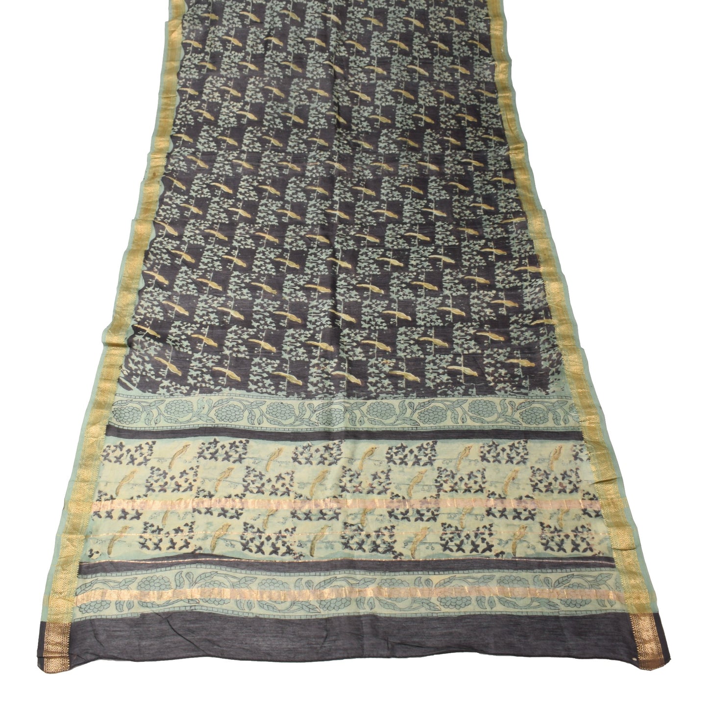 Sushila Vintage Pure Cotton Silk Dupatta Birds Hand Block Print Black Long Stole
