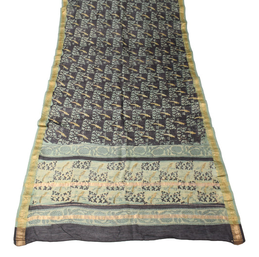 Sushila Vintage Pure Cotton Silk Dupatta Birds Hand Block Print Black Long Stole