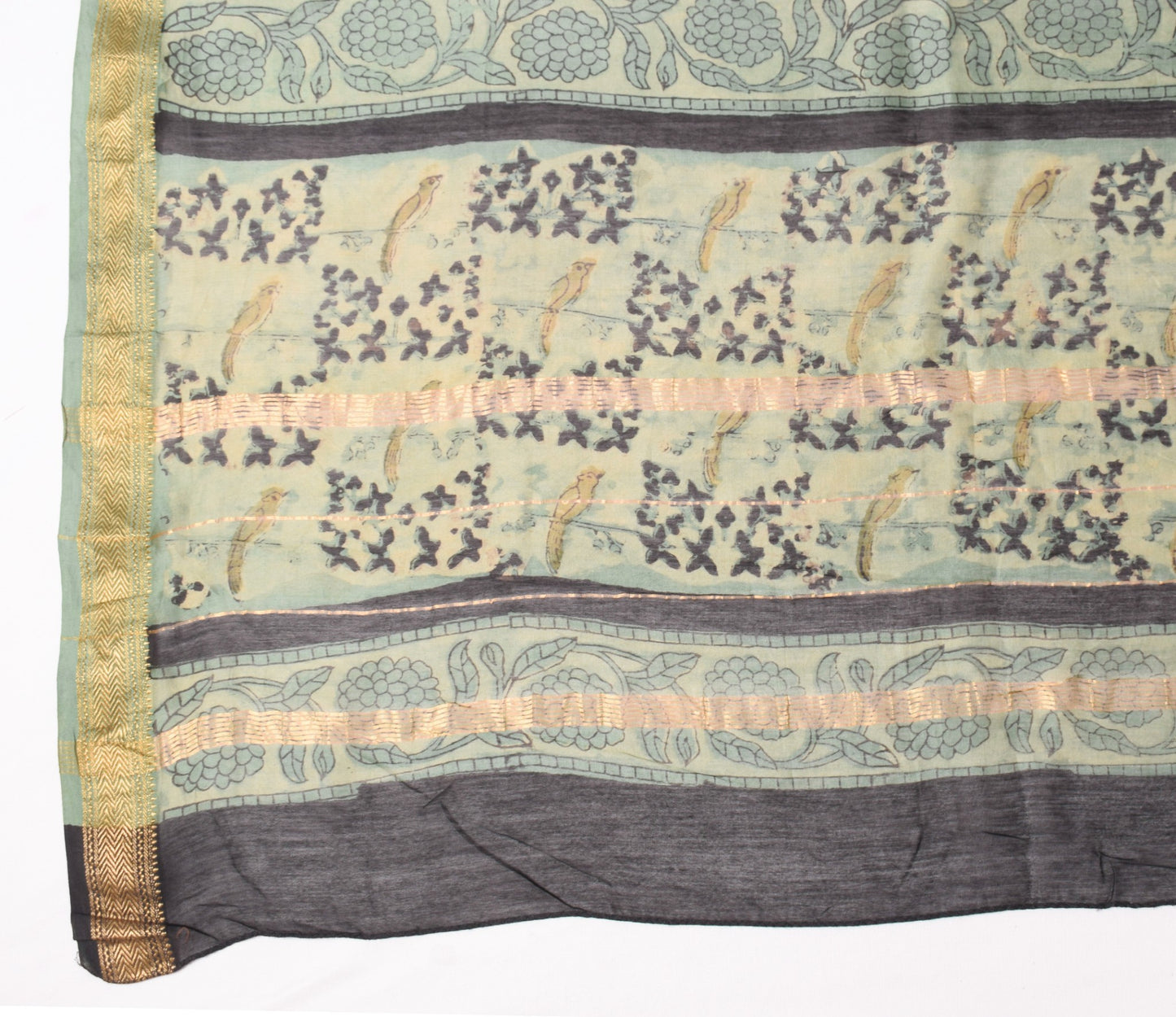 Sushila Vintage Pure Cotton Silk Dupatta Birds Hand Block Print Black Long Stole