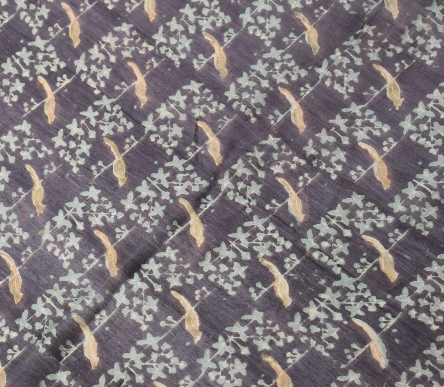 Sushila Vintage Pure Cotton Silk Dupatta Birds Hand Block Print Black Long Stole