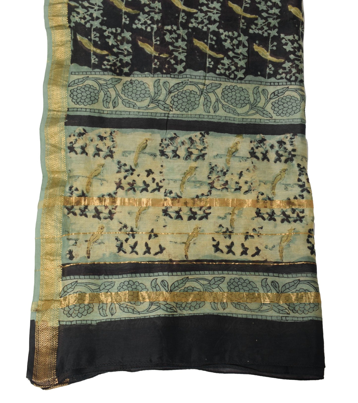 Sushila Vintage Pure Cotton Silk Dupatta Birds Hand Block Print Black Long Stole
