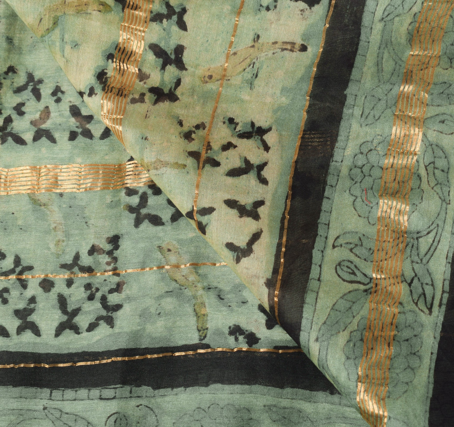 Sushila Vintage Pure Cotton Silk Dupatta Birds Hand Block Print Black Long Stole