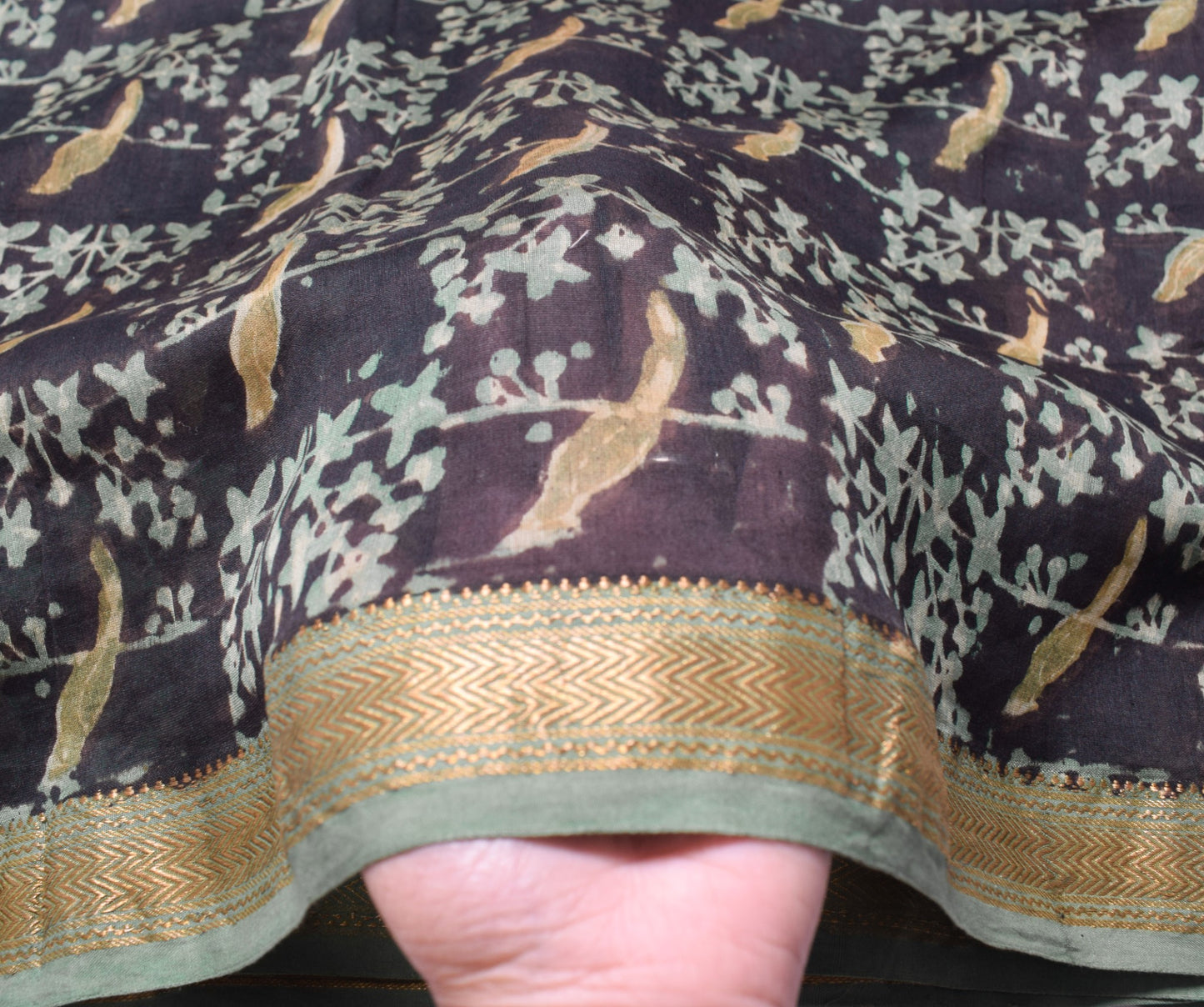 Sushila Vintage Pure Cotton Silk Dupatta Birds Hand Block Print Black Long Stole