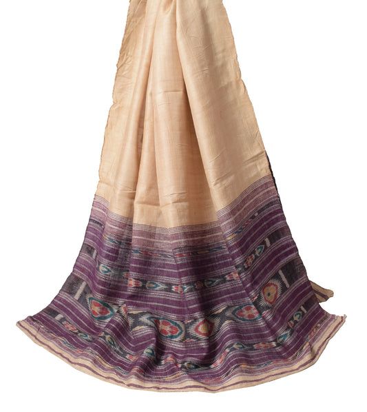 Sushila Vintage Light Brown Dupatta Hand Woven Ikat Pure Tussar Soft Long Stole