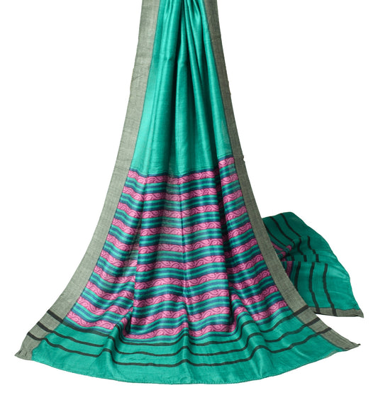 Sushila Vintage Pure Woolen Dupatta Teal Green Hand Block Printed Soft LongStole