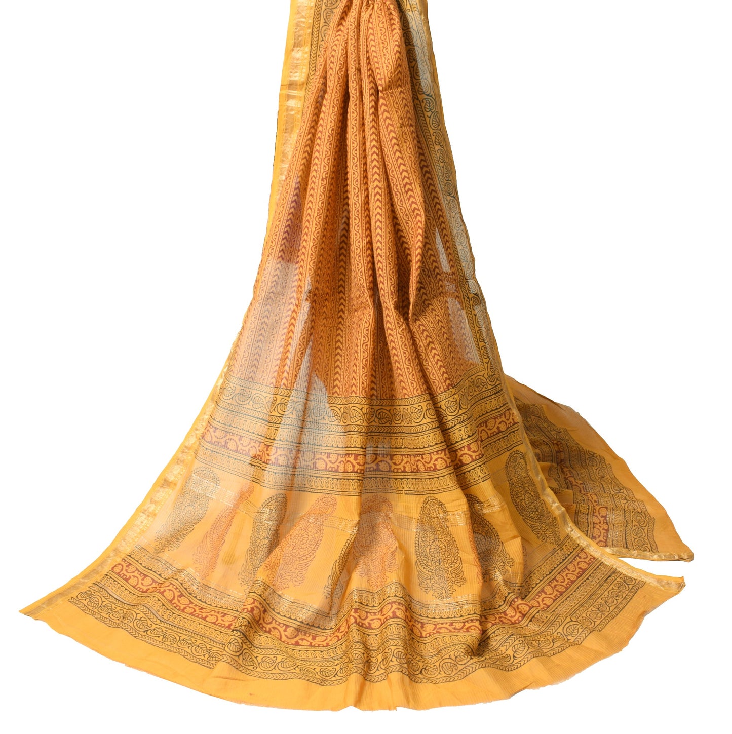 Sushila Vintage Mustard Dupatta Hand Block Printed Pure Cotton Soft Long Stole