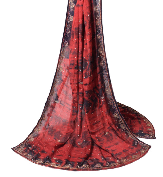 Sushila Vintage Red Tie-Dye Dupatta Pure Chiffon Hand Beaded Paisley Long Stole
