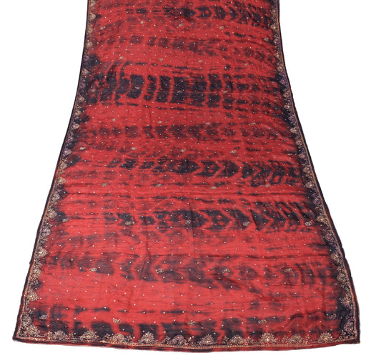 Sushila Vintage Red Tie-Dye Dupatta Pure Chiffon Hand Beaded Paisley Long Stole