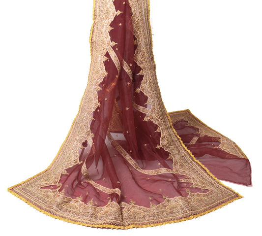 Sushila Vintage Maroon Heavy Dupatta Art Organza Hand Beaded Zardozi Long Stole