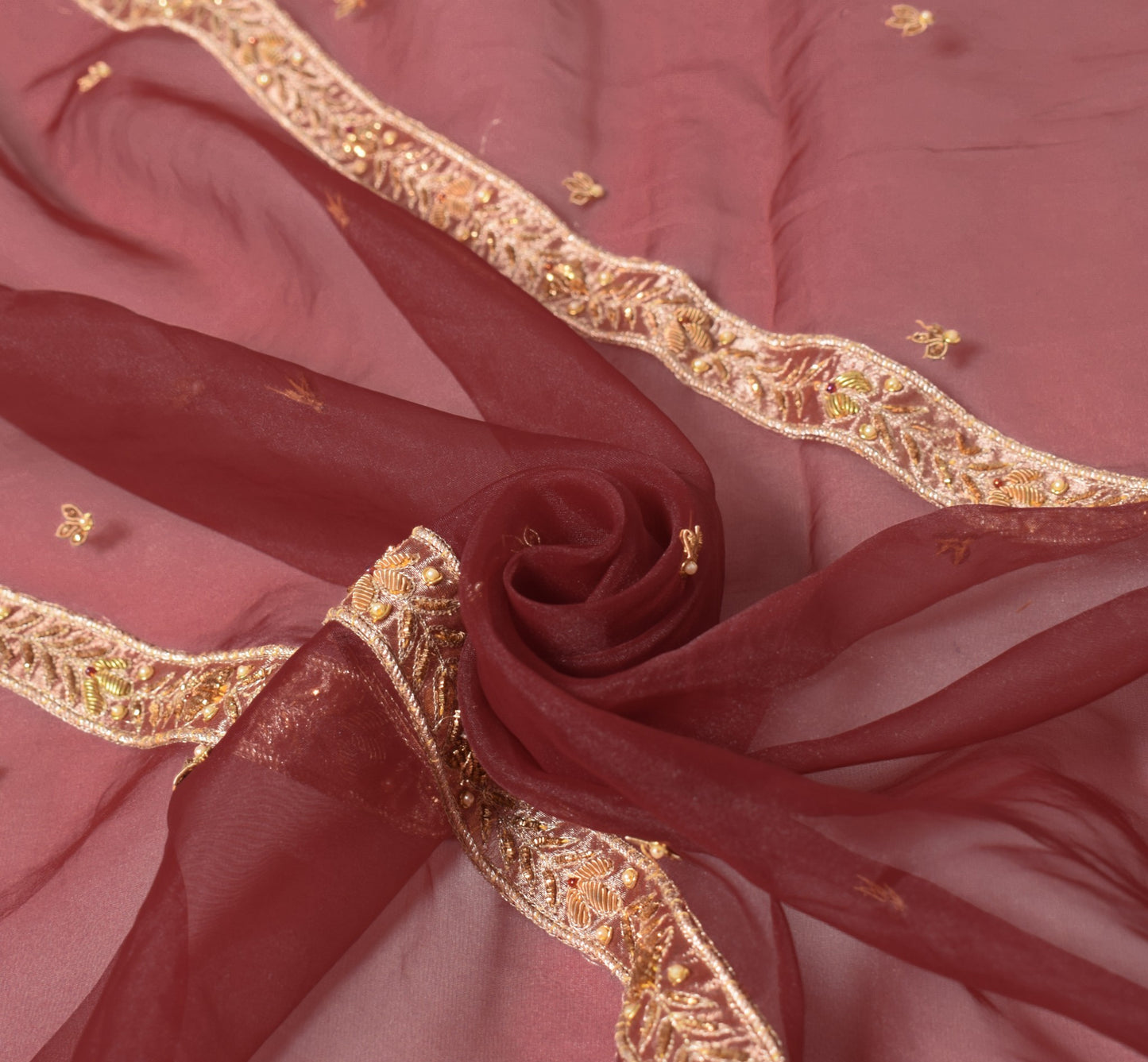 Sushila Vintage Maroon Heavy Dupatta Art Organza Hand Beaded Zardozi Long Stole