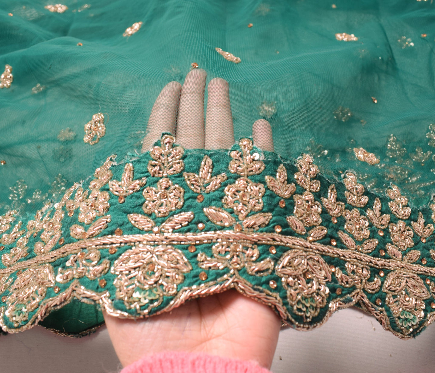 Sushila Vintage Dark Green Heavy Dupatta Net Zardozi Work Cutwork Long Stole