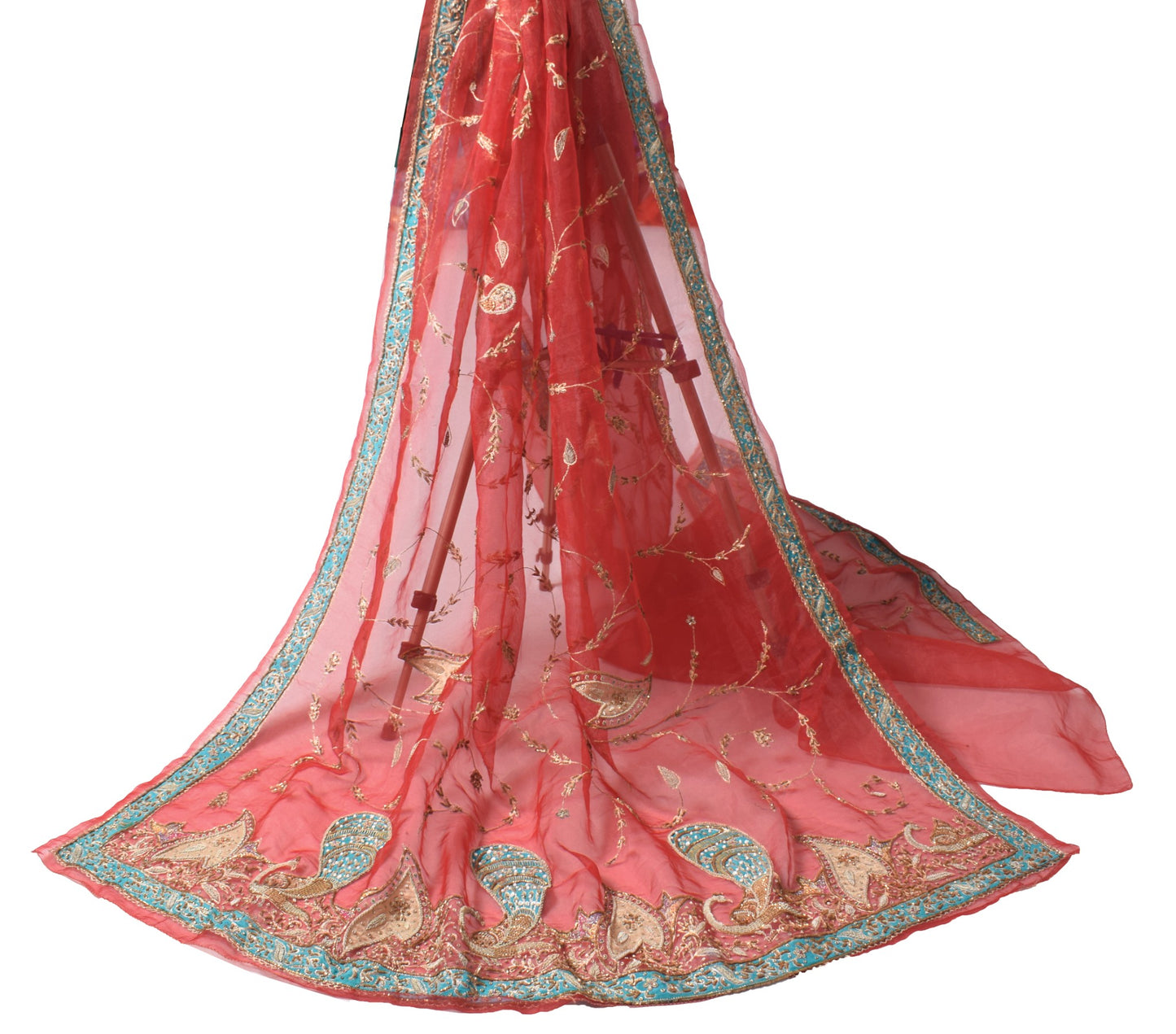 Sushila Vintage Red Heavy Dupatta Art Organza Beaded Zardozi Dabka Long Stole