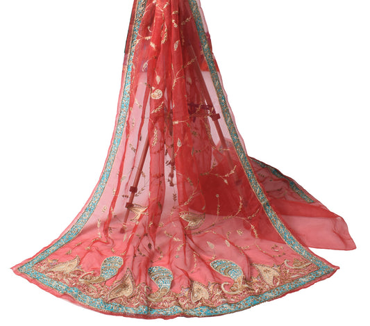 Sushila Vintage Red Heavy Dupatta Art Organza Beaded Zardozi Dabka Long Stole