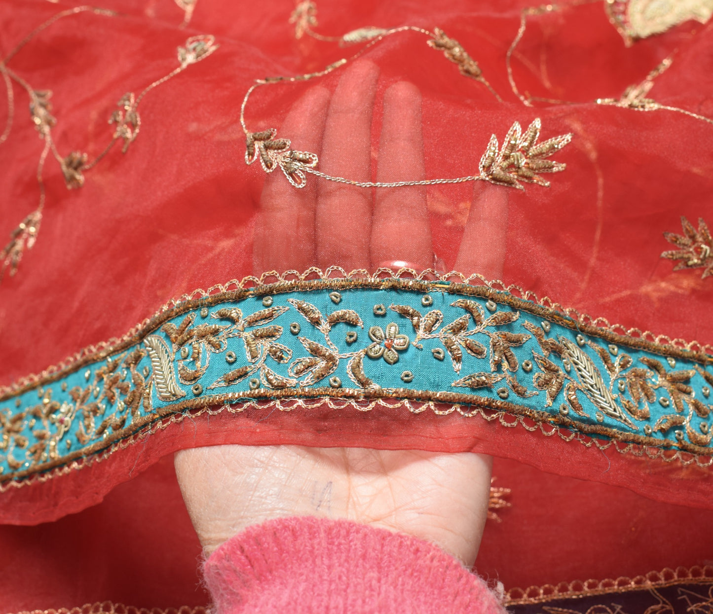 Sushila Vintage Red Heavy Dupatta Art Organza Beaded Zardozi Dabka Long Stole