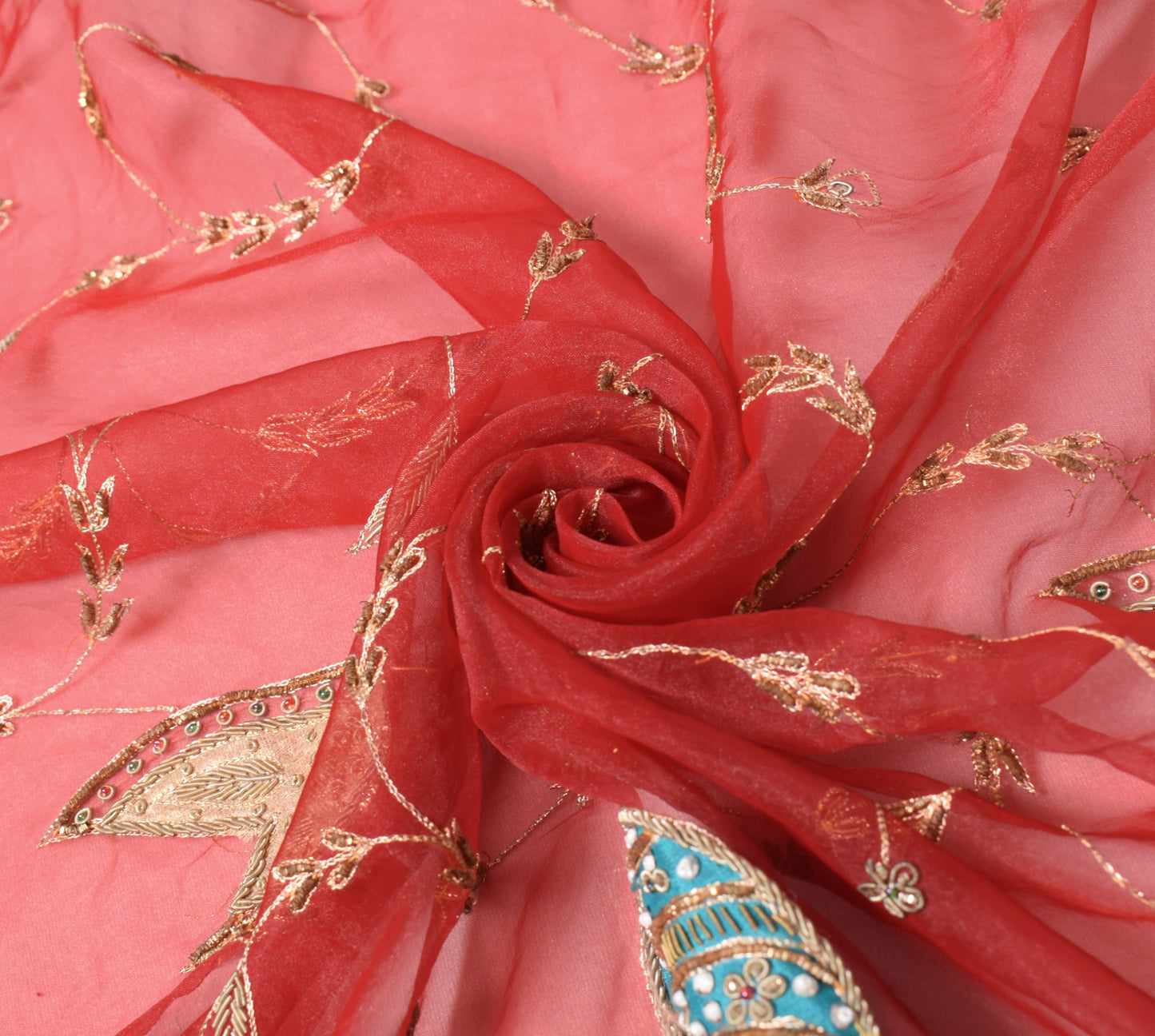 Sushila Vintage Red Heavy Dupatta Art Organza Beaded Zardozi Dabka Long Stole