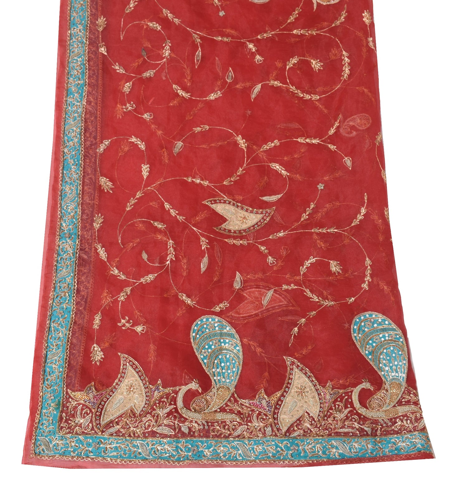 Sushila Vintage Red Heavy Dupatta Art Organza Beaded Zardozi Dabka Long Stole