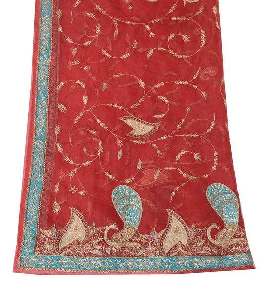 Sushila Vintage Red Heavy Dupatta Art Organza Beaded Zardozi Dabka Long Stole