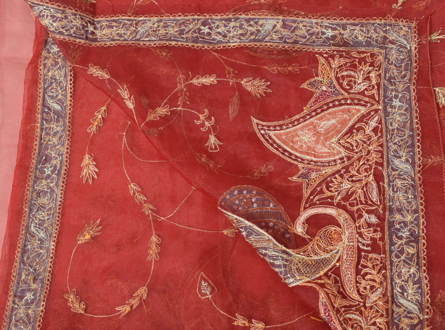 Sushila Vintage Red Heavy Dupatta Art Organza Beaded Zardozi Dabka Long Stole
