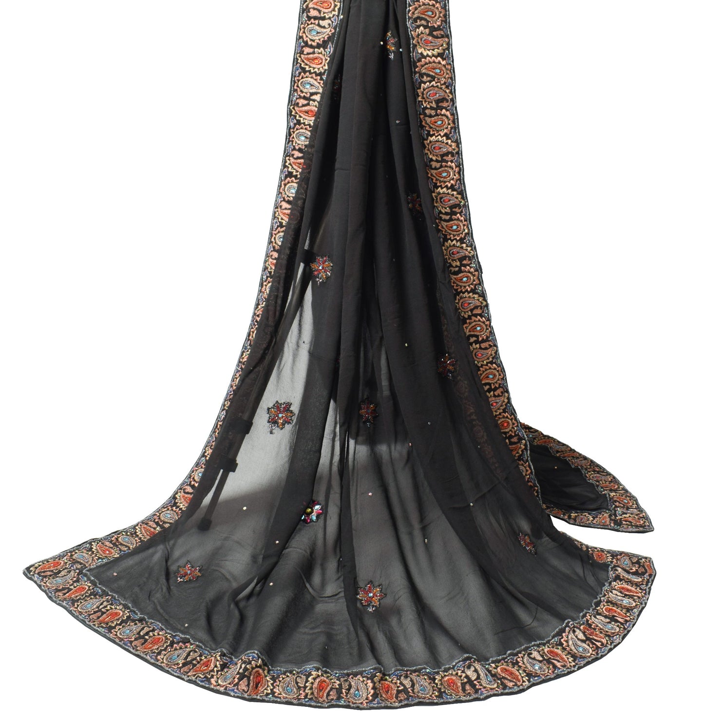 Sushila Vintage Black Dupatta Pure Georgette Glass Beads Embellish Long Stole