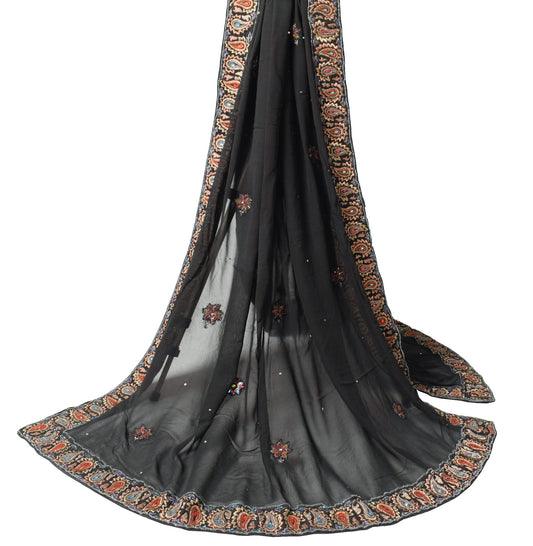Sushila Vintage Black Dupatta Pure Georgette Glass Beads Embellish Long Stole