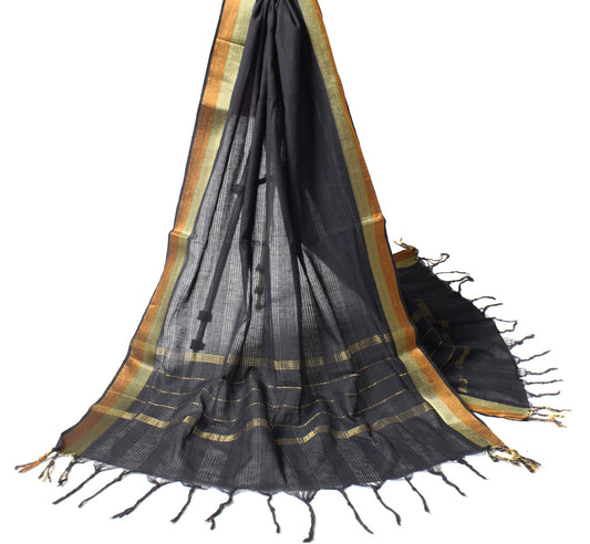 Sushila Vintage Black Dupatta Pure Cotton Woven Zari Brocade Long Stole Hijab