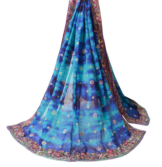 Sushila Vintage Tie-Dye Pure Chiffon Dupatta Glass Beads Sequins Work Long Stole