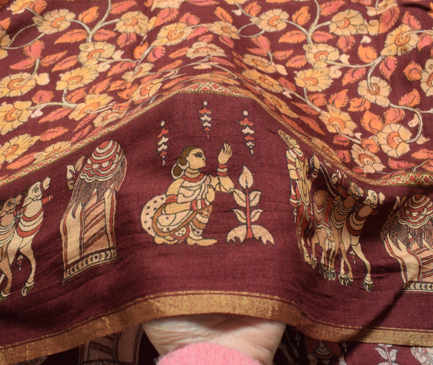 Sushila Vintage Kalamkari Dupatta Pure Cotton Maroon Handprinted Soft Long Stole