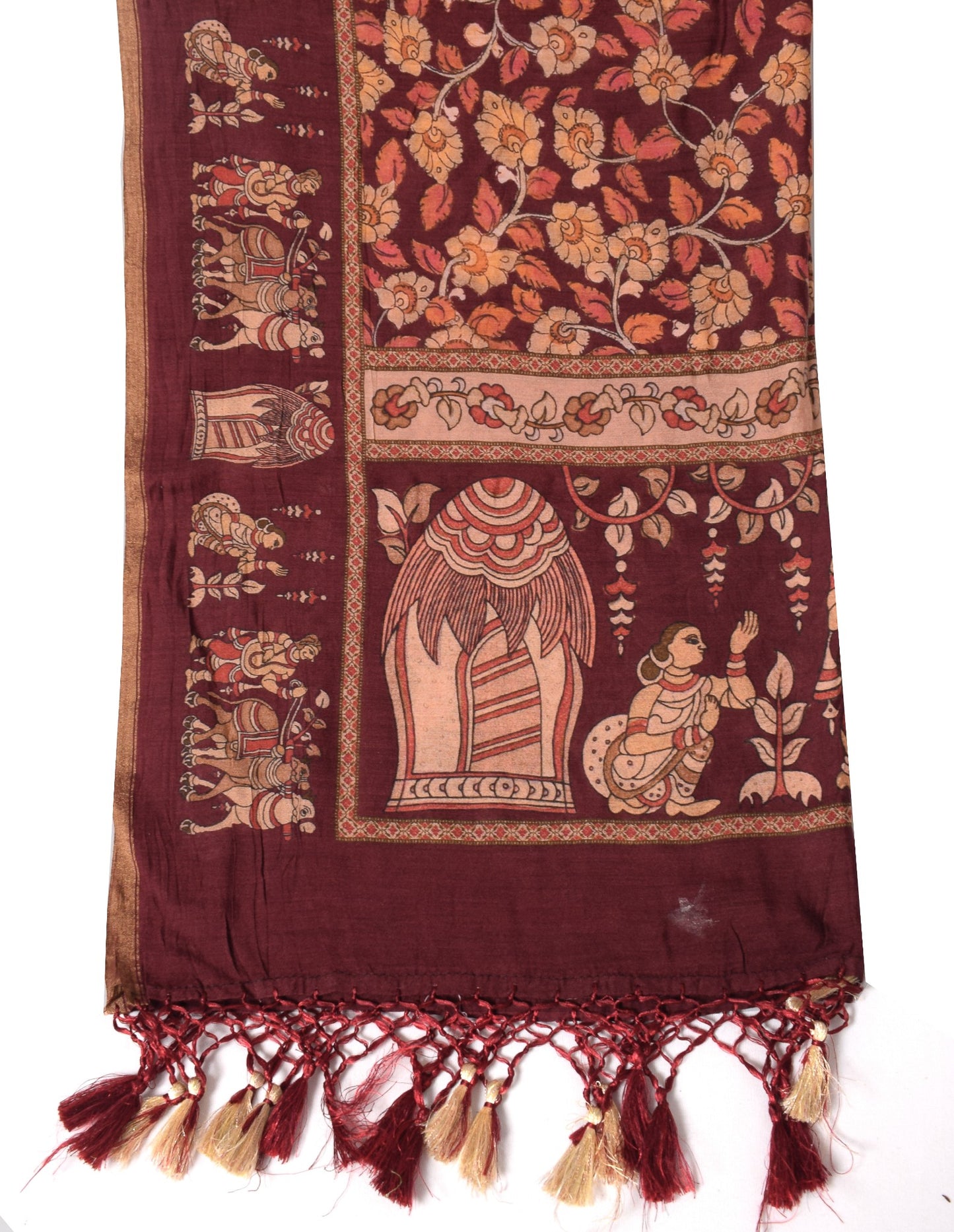 Sushila Vintage Kalamkari Dupatta Pure Cotton Maroon Handprinted Soft Long Stole