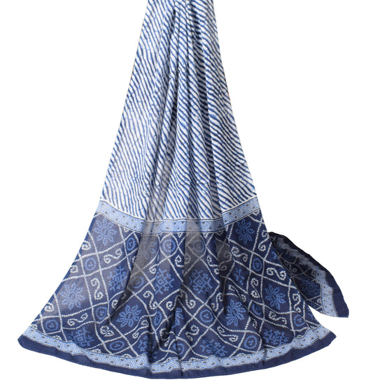 Sushila Vintage Pure Cotton Dupatta Blue White Leheriya Bandhani Print LongStole