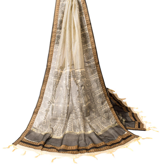 Sushila Vintage Beige Black  Dupatta Madhubani Print Art Cotton Silk Long Stole
